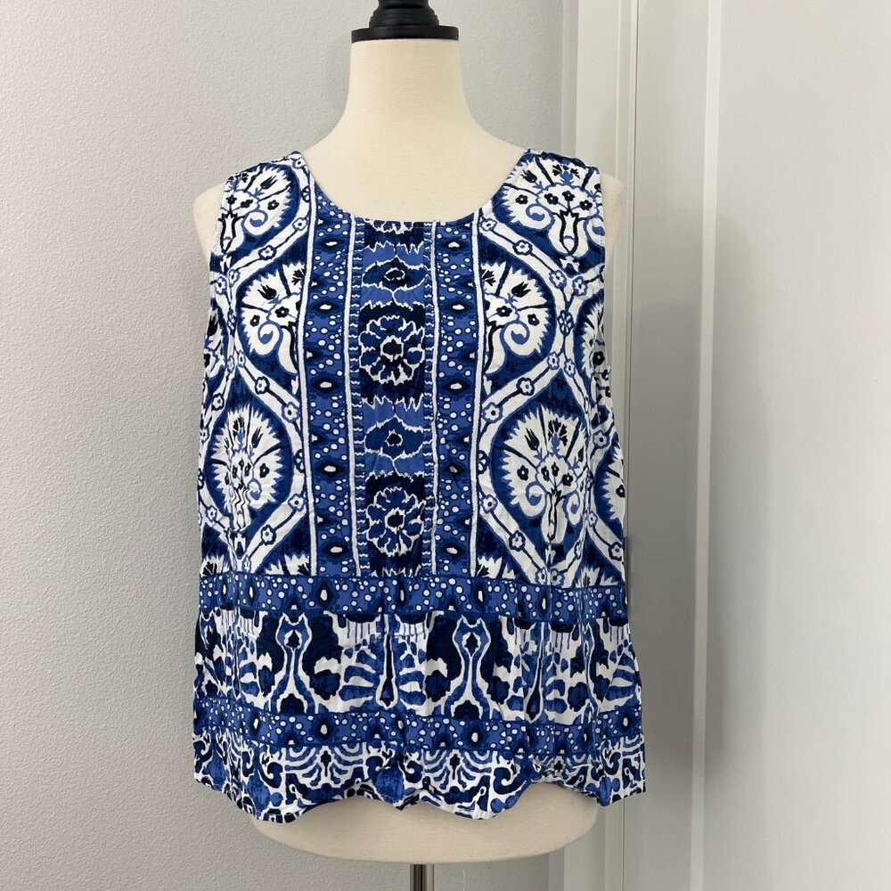 Haute Hippie XL Blue, White Sleeveless Batik Print Tank Top